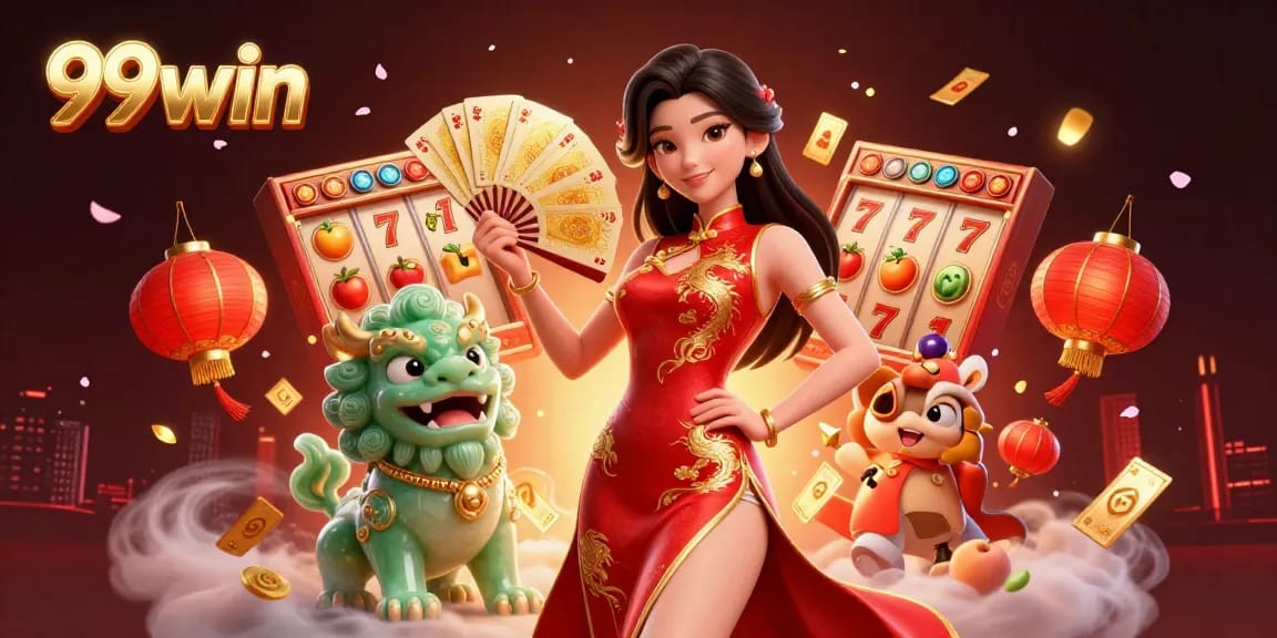 Experience thrilling gameplay with 99win as a stunning woman displays her golden cards amidst slot reels and vibrant symbols.