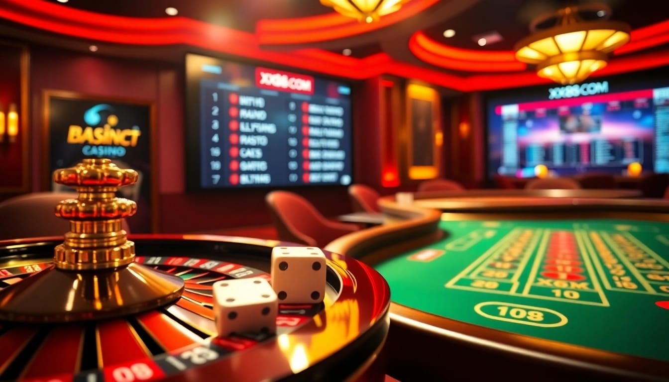Exciting gambling scene at xx88com featuring roulette wheel and poker chips.