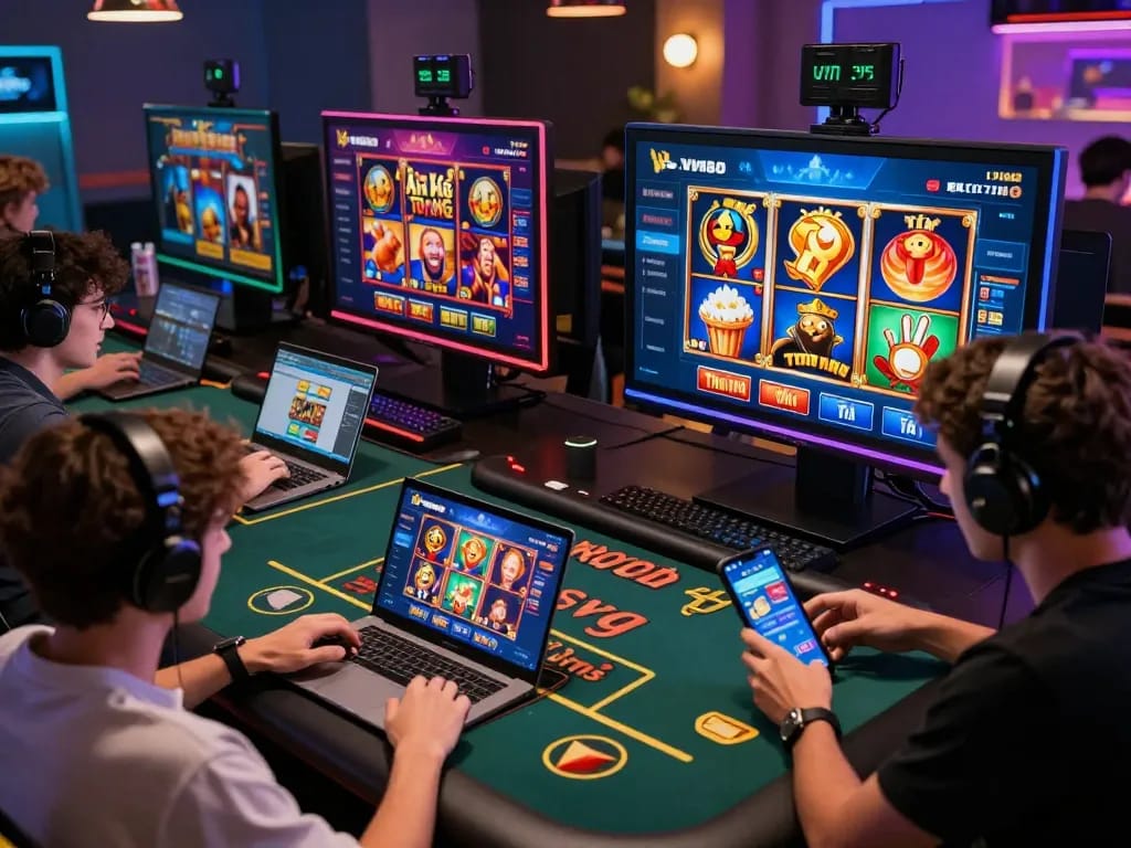 Engaging VN88 online casino gaming scene with diverse players enjoying popular slots and live tables.