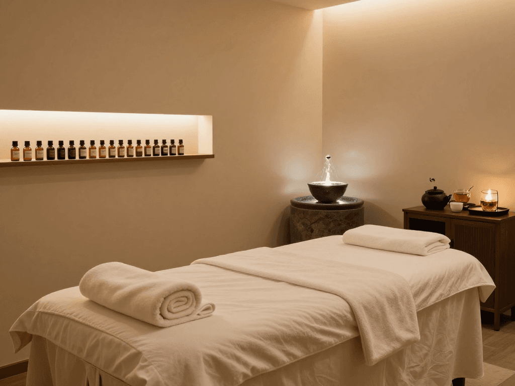 Premium massage room ambiance with mantra88 essence, soothing oils, and tranquil atmosphere.