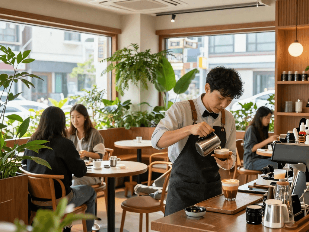 강남 달토에서 고급스러운 카페의 바리스타가 라떼 아트를 만드는 모습