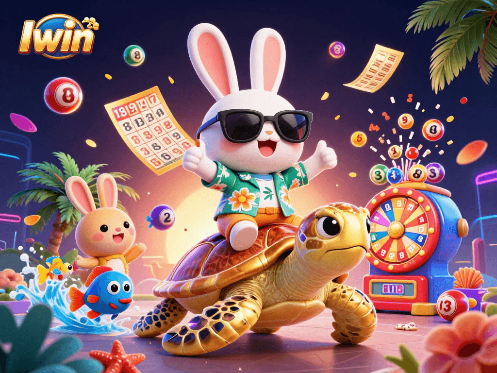 Iwin showcases a lucky rabbit and golden turtle celebrating with vibrant lottery elements in a stunning 3D scene.