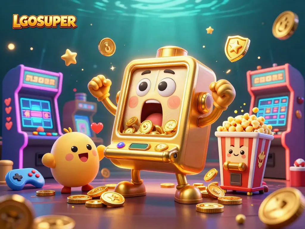LGOSUPER slot machine hitting a jackpot, engulfed in coins, vibrant casino atmosphere