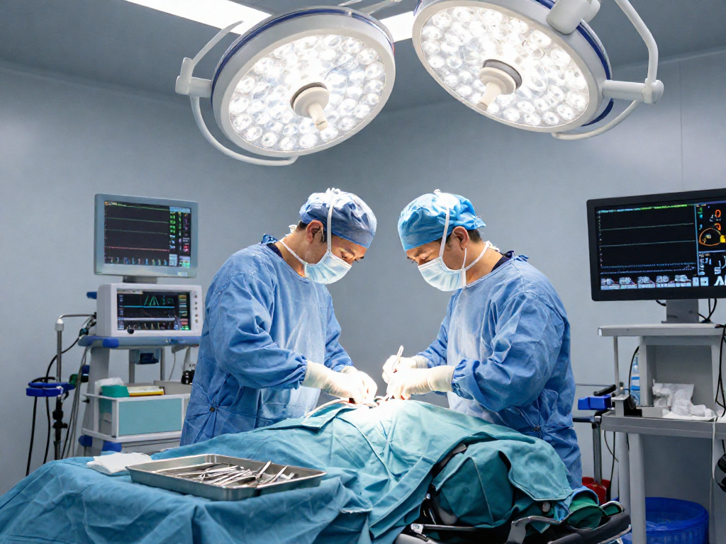 Bel fıtığı ameliyatı surgery scene with surgeon and advanced equipment.