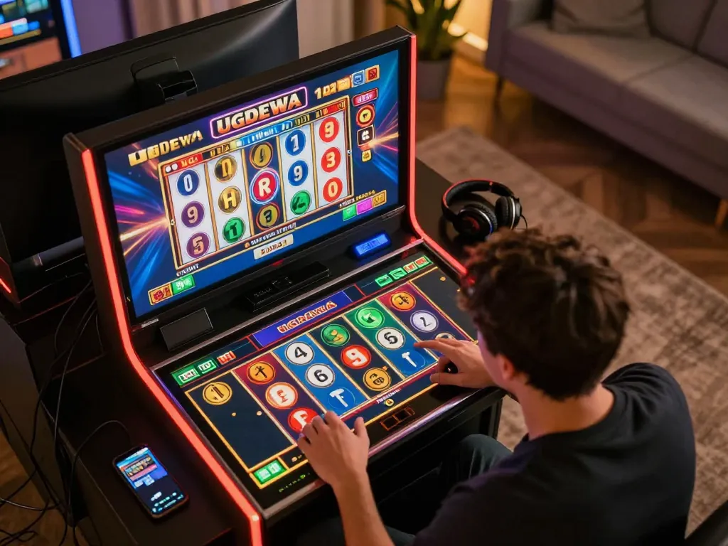 Player enjoying UGDEWA slot game on a tablet, showcasing vibrant reels and winning action.