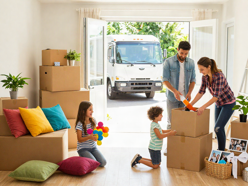 Family enjoying their fresh start with a moving company, unpacking boxes in a joyful living room.