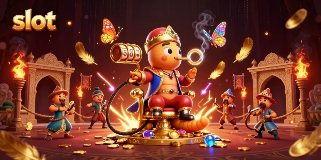 Experience thrilling slot gameplay with vibrant symbols and gold coins swirling dynamically.