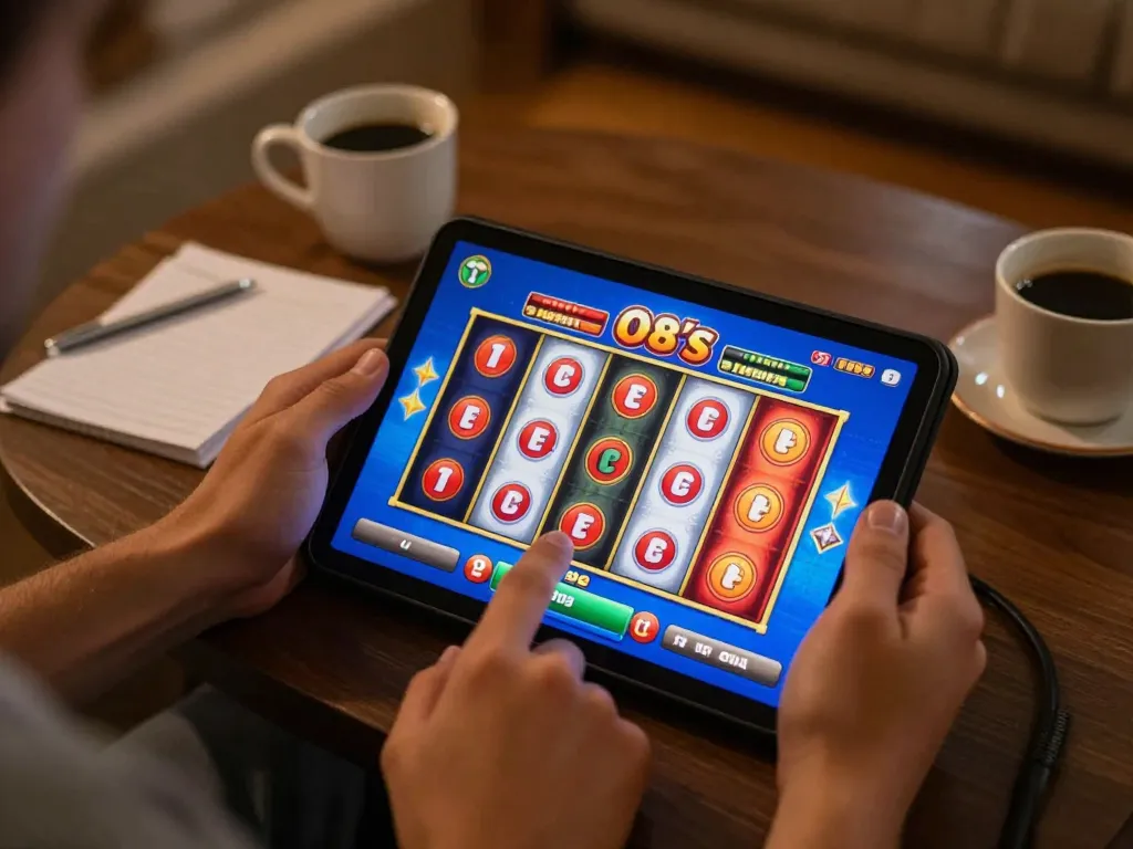 Engaging in O8's exciting slot game on a tablet in a cozy home setting