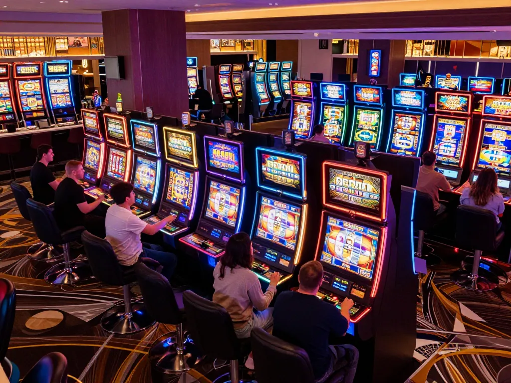 Players enjoying slot games at ROKOK88, vibrant neon lights creating an exciting atmosphere
