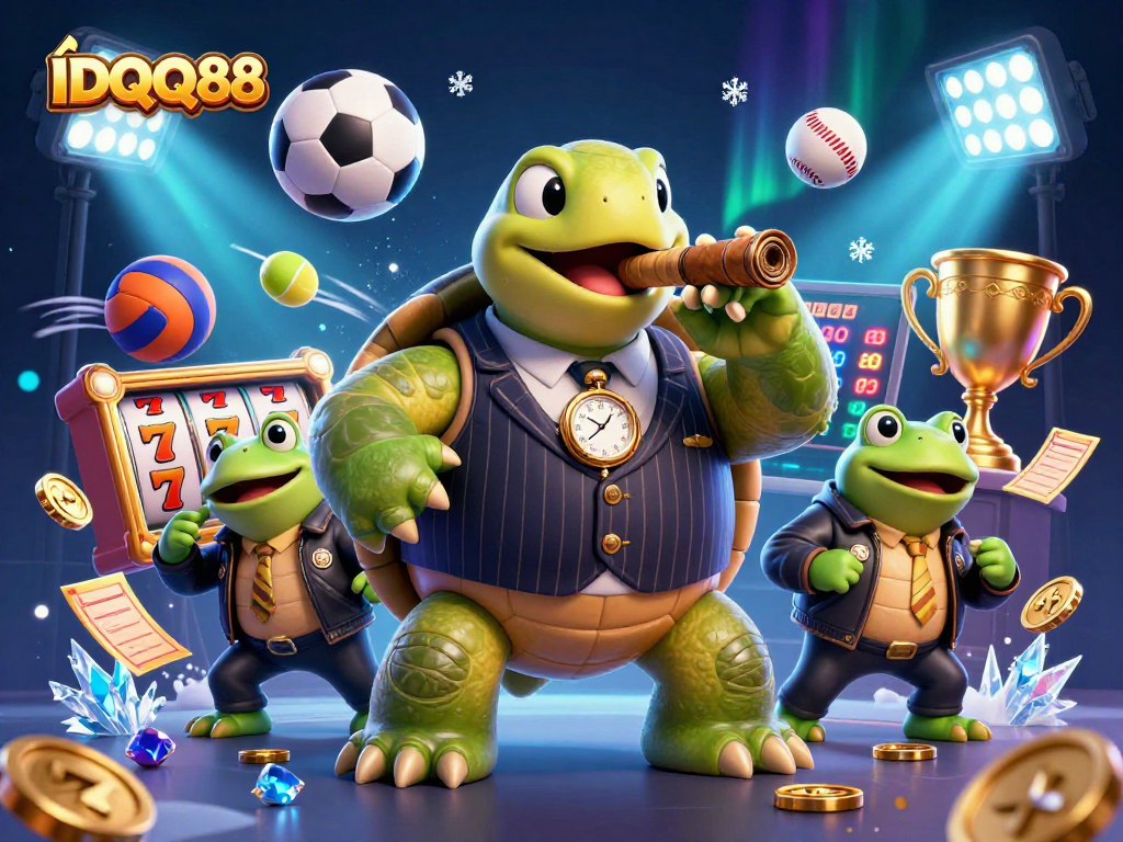 Engage with IDQQ88: Celebrate winning slots in a vibrant casino scene with animated characters and dynamic elements.