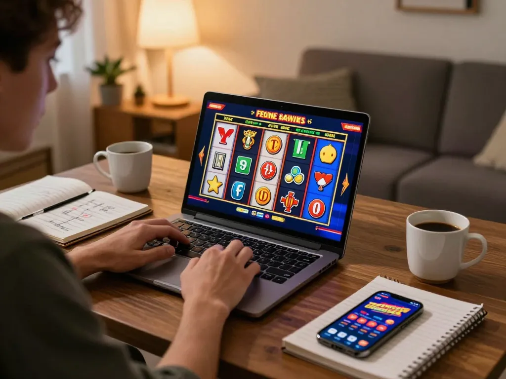 Fabet player spinning online slots in cozy setting, engaging colors and friendly atmosphere.