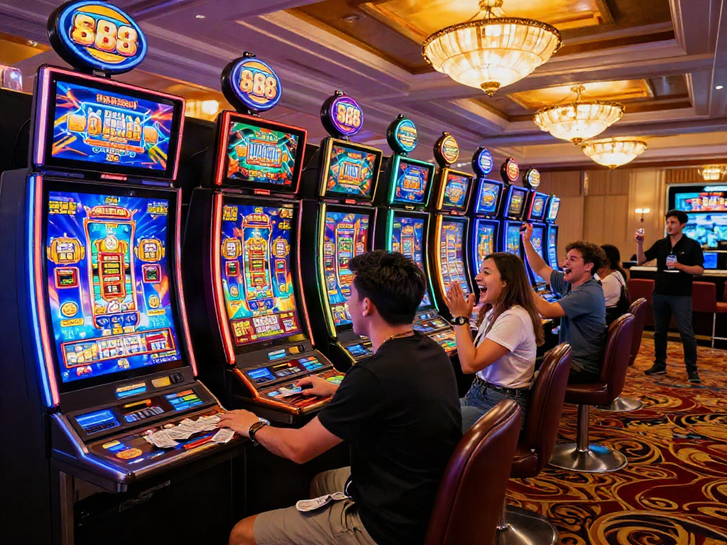 Excited players engaging with slot88 machines in a vibrant casino gaming floor, capturing the thrill of gambling.