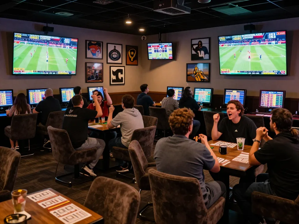 Tỷ lệ kèo nhà cái hôm nay viewed in sports betting lounge with fans cheering and live games.