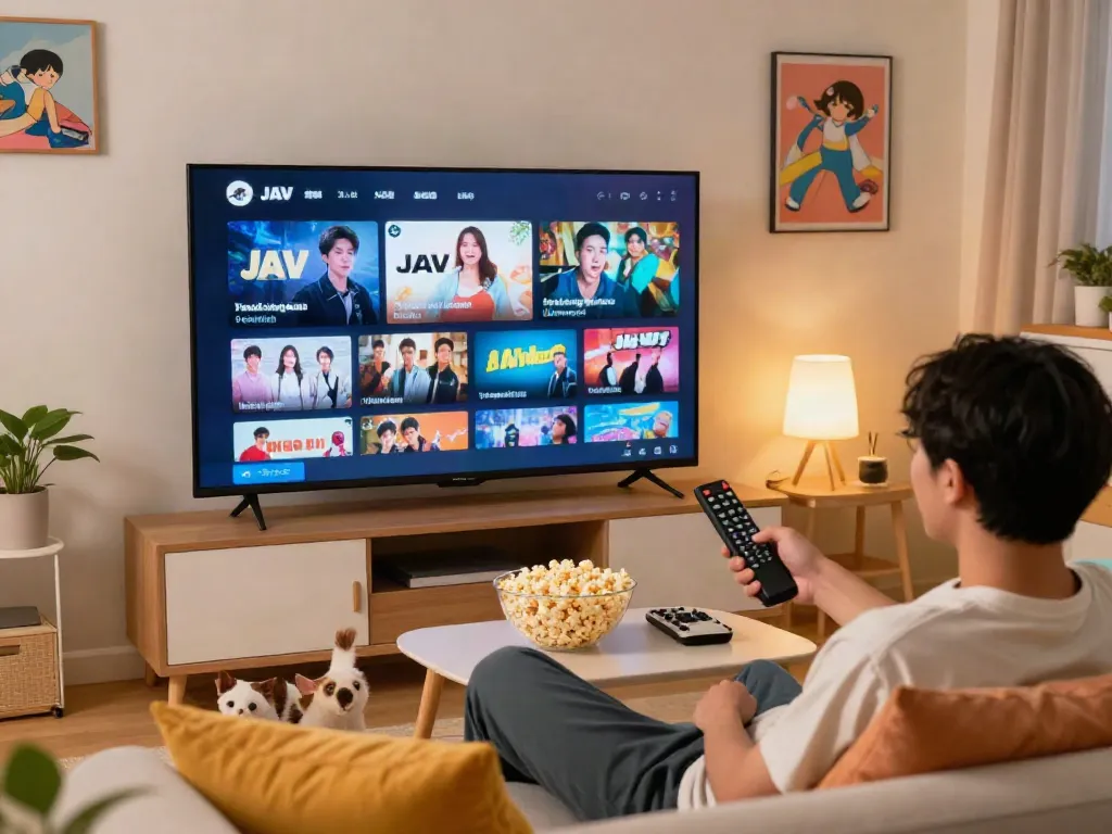 Cozy living room with engaging JAV sub indo content on screen and relaxing atmosphere.