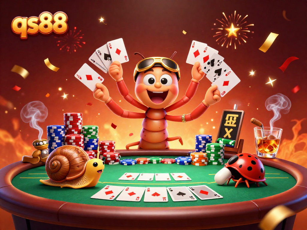 Experience the excitement at qs88 with a colorful card game scene featuring a unique millipede dealer.