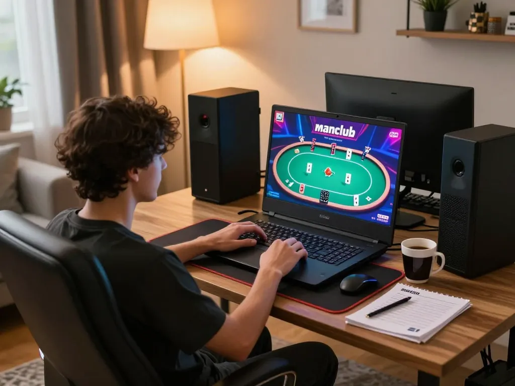 Person gaming on manclub poker interface at home, showcasing an engaging online setup.