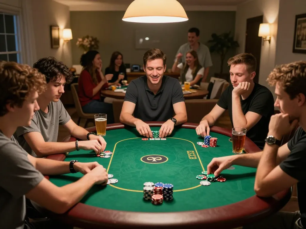 Players enjoying a lively poker night, highlighting sun win strategies with vibrant chips and intense expressions