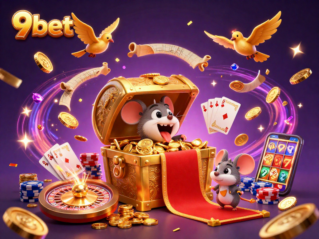 Engage with 9bet's thrilling 3D illustration featuring a golden treasure chest and captivating casino elements.