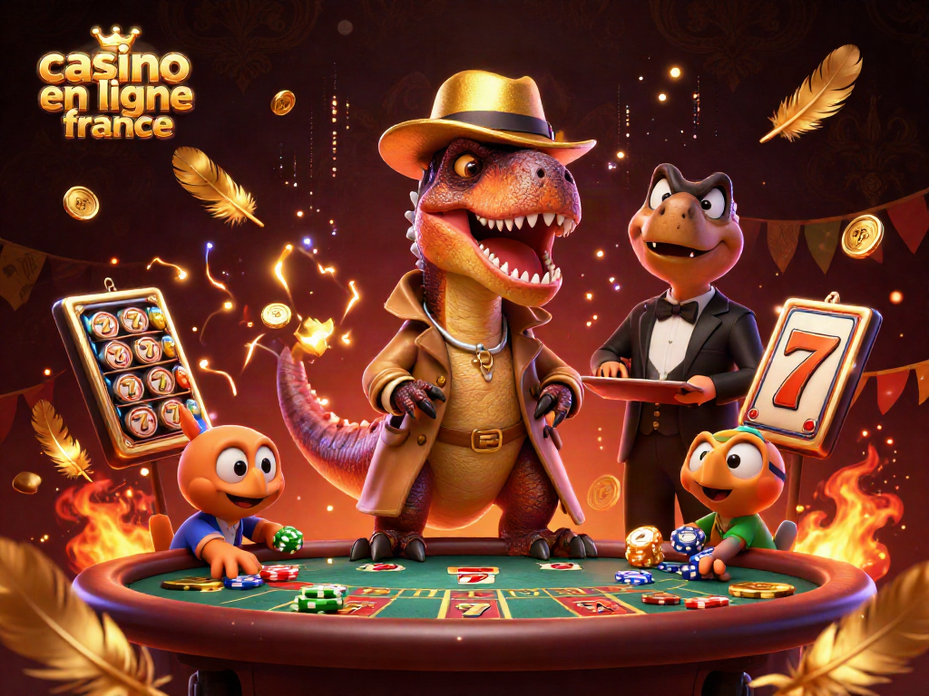 Visualisez un velociraptor en trench coat au casino en ligne France, tentant de compter les cartes.