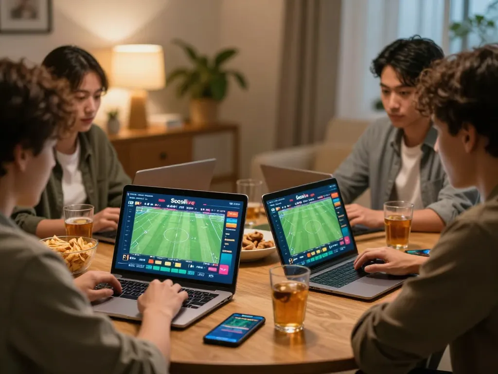 Engaging friends in a lively sports betting session using Socolive with laptops and smartphones.