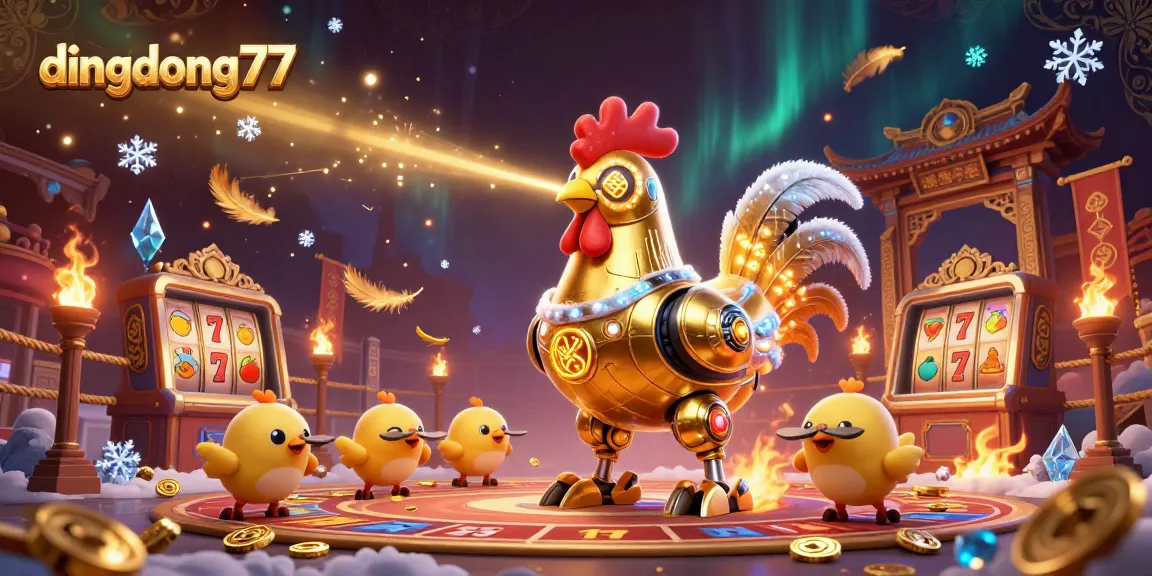 Dive into the thrilling world of dingdong77 slots where golden rooster robots engage with baby chick drones amidst spinning reels and exciting gaming action.