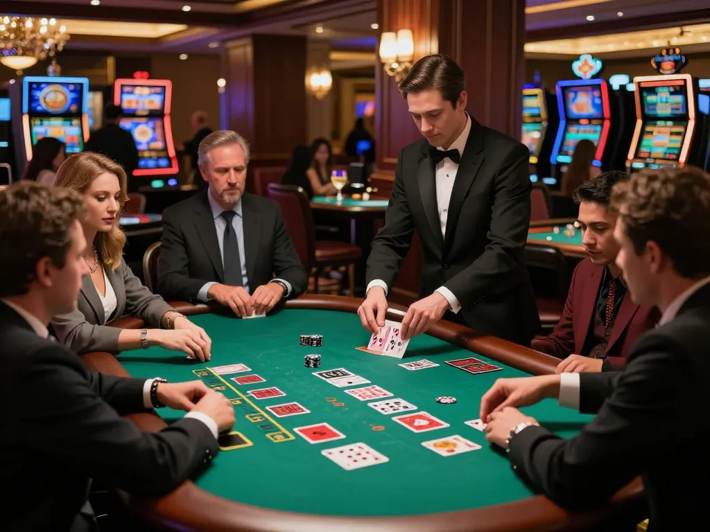 Players at the 5679 blackjack table strategizing their bets under vibrant casino lights.
