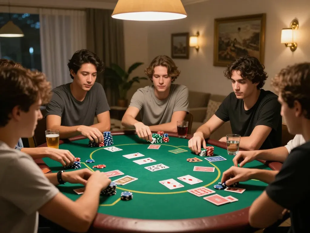 Friends engaged in a fun poker game at home with snacks and drinks while using https://lc88app.com/ for strategy.