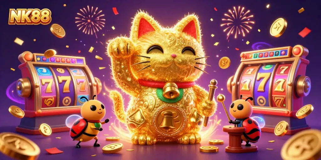 Experience the excitement of NK88 with a vibrant 3D illustration of a lucky cat and casino elements, merging luck and winning.