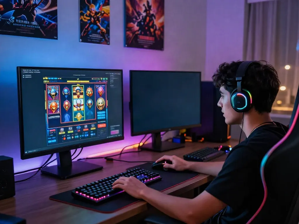 Engaging gaming scene showcasing situs slot777 on screen with vibrant graphics and gaming setup.