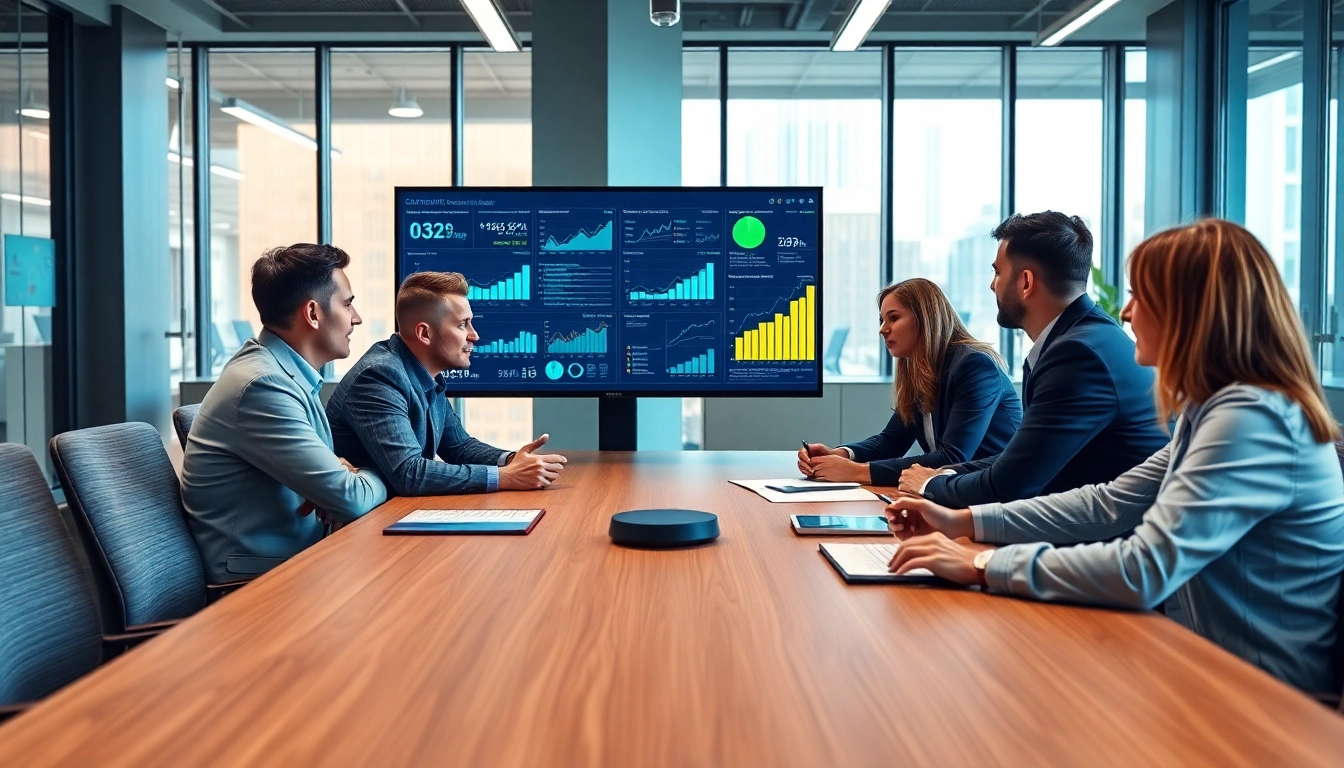 Collaborative team engaged in AI for competitor analysis, evaluating data with vibrant surroundings