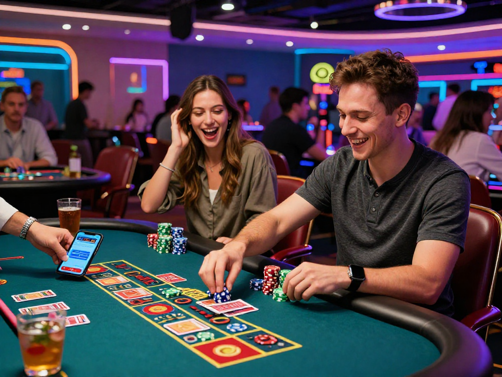 Excited players at a casino using the oxbet app for better betting strategies.