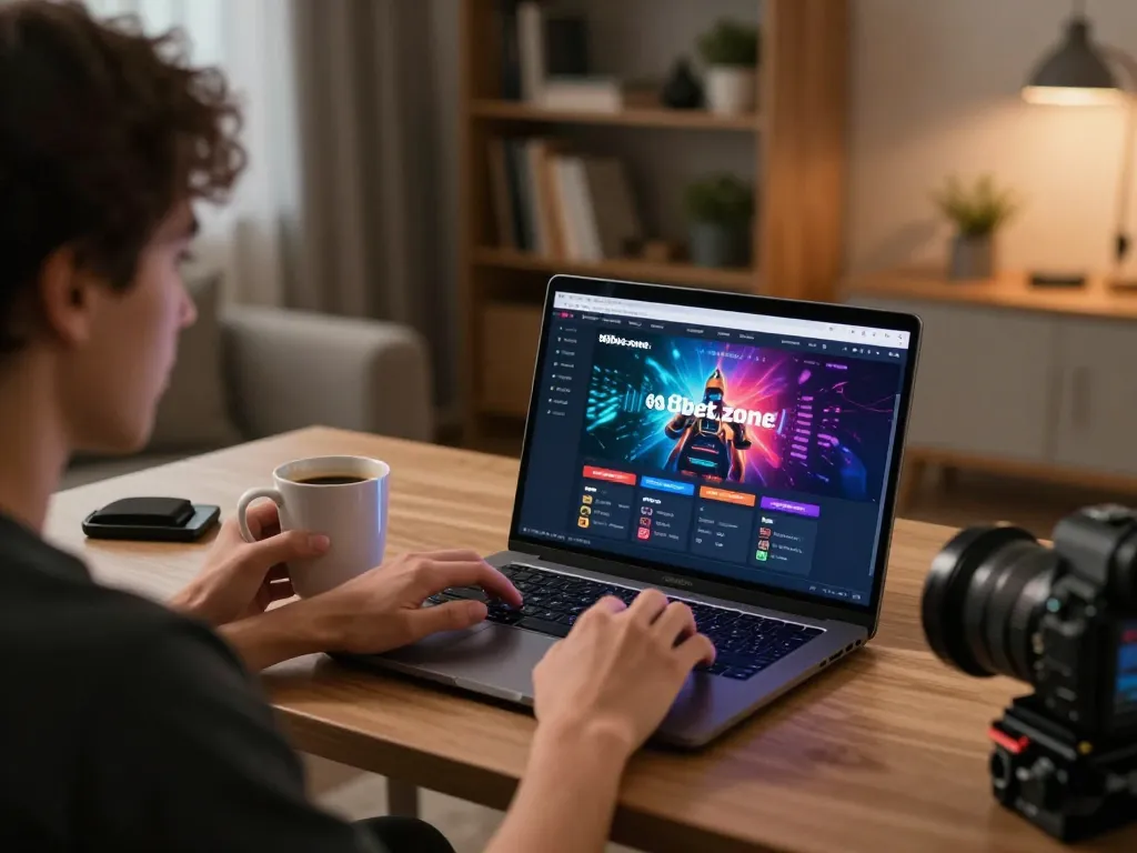 Engaged user navigating gaming options on https://88bet.zone/ in a cozy home office setting