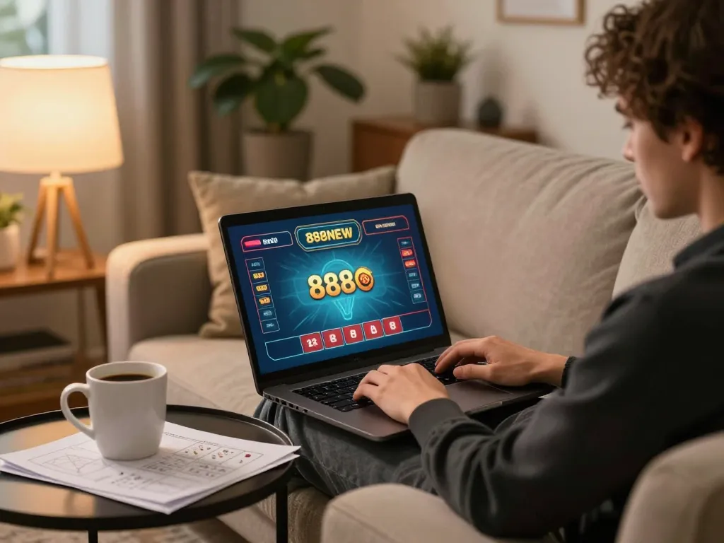 Player engaging with 888new online casino games in a cozy home setup.