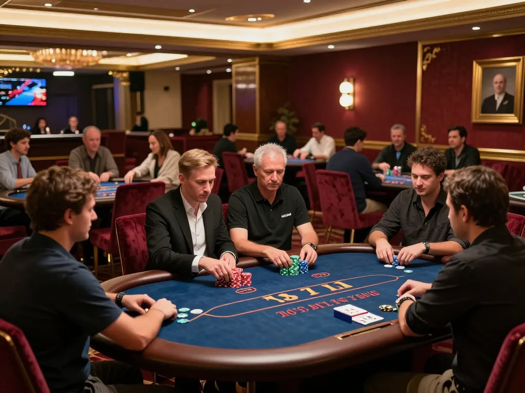 Fun88 players engaged in Texas Hold'em game at luxury poker table in elegant casino atmosphere.