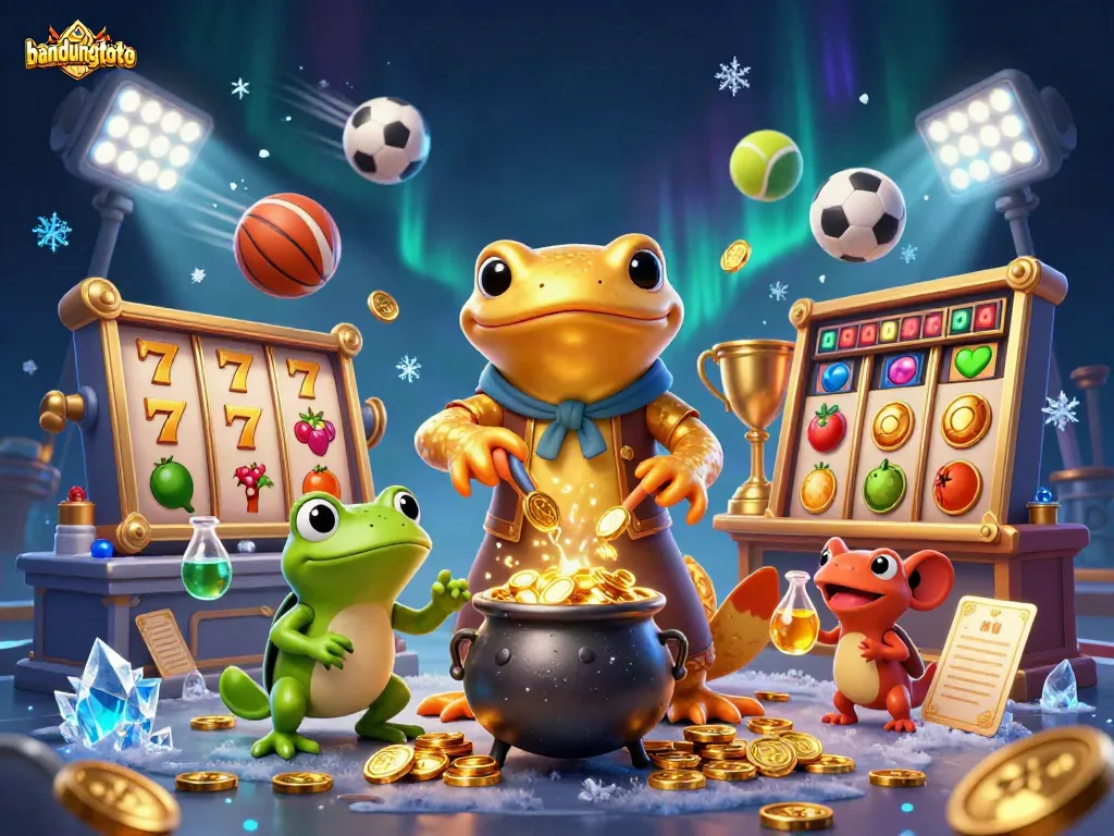 Experience the excitement of bandungtoto with a vibrant illustration depicting dynamic slot games and animated gold alchemy.