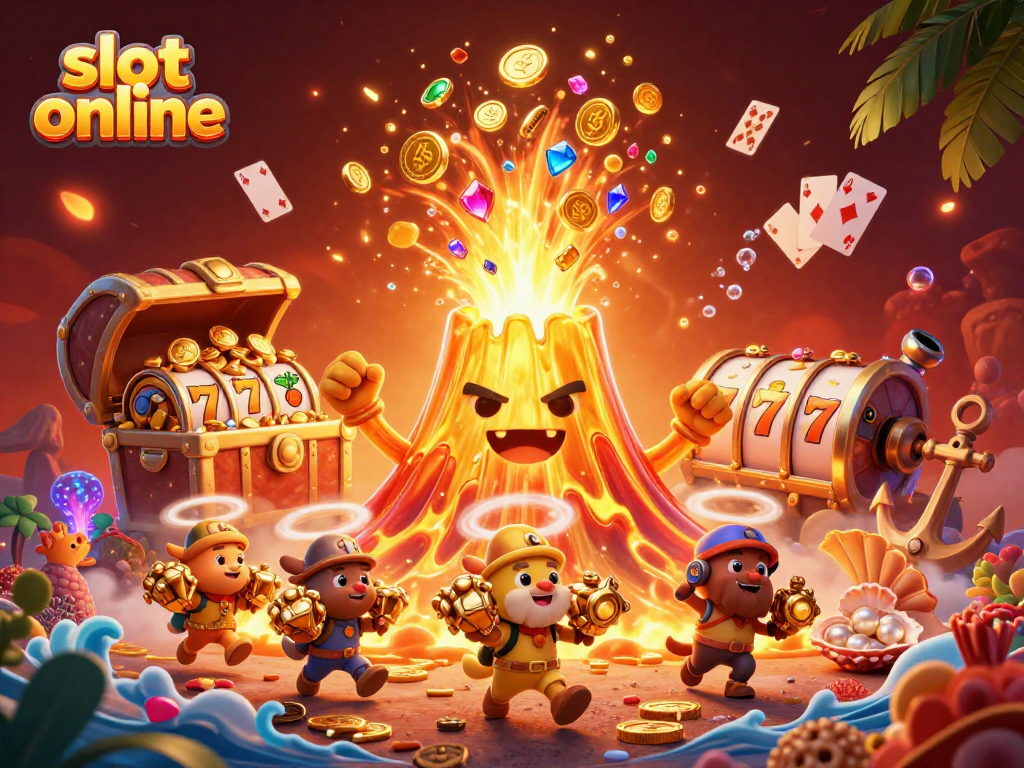 Bermain slot online dengan simbol beruntung dan tumpahan koin perak yang berkilauan dari gunung berapi.