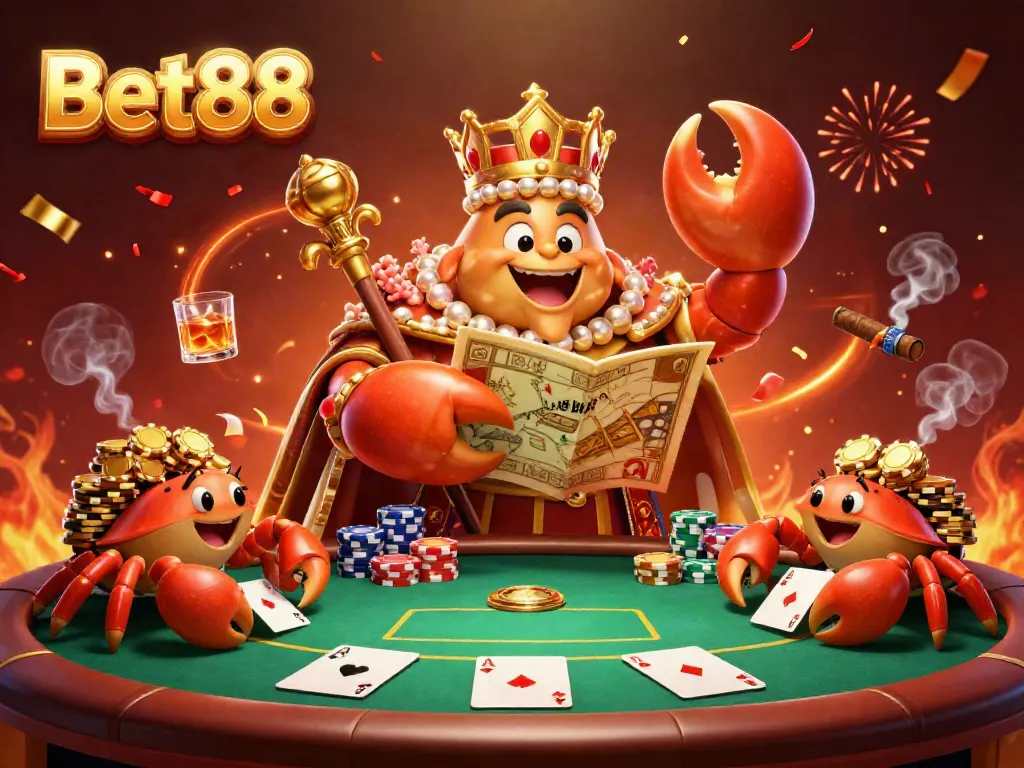 Bet88 players engage in poker fun with a golden crab emperor amid vibrant casino elements.