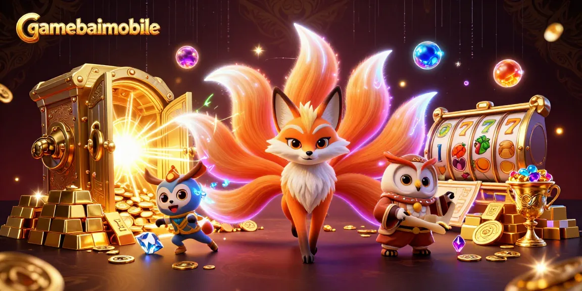 gamebaimobile illustrates an enchanting casino scene with a nine-tailed fox, owl sage, and vibrant slot symbols.