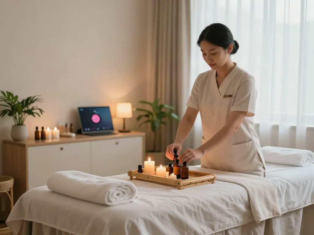 Relaxing setup for 운서출장마사지 with a tranquil home spa ambiance and soothing decor.