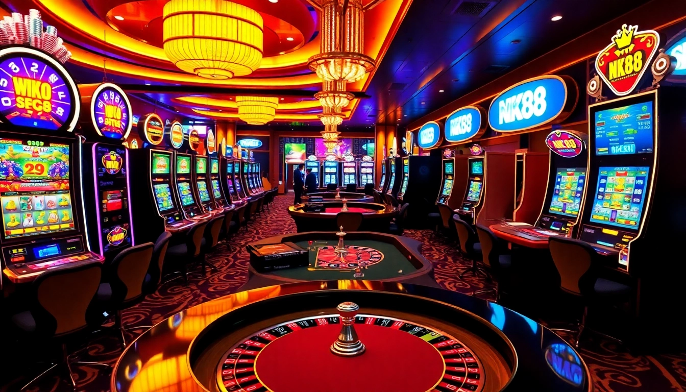 Players engaging with NK88 slot machines in a luxurious casino environment, showcasing excitement and winnings.