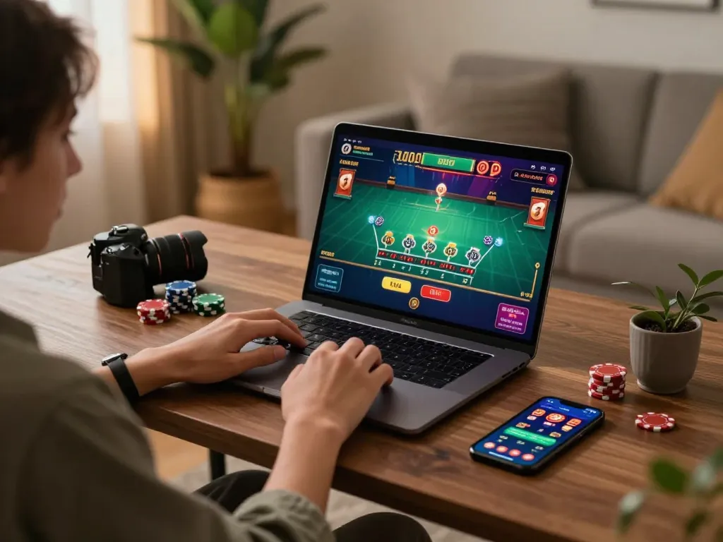 Engaging in online casino senza licenza aams gameplay at home, showcasing dynamic blackjack interface and cozy atmosphere.