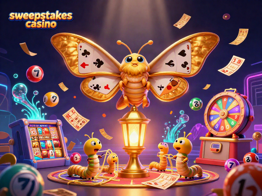 Sweepstakes casino scene with a vibrant 3D atlas moth, colorful lottery balls, and dynamic game elements.