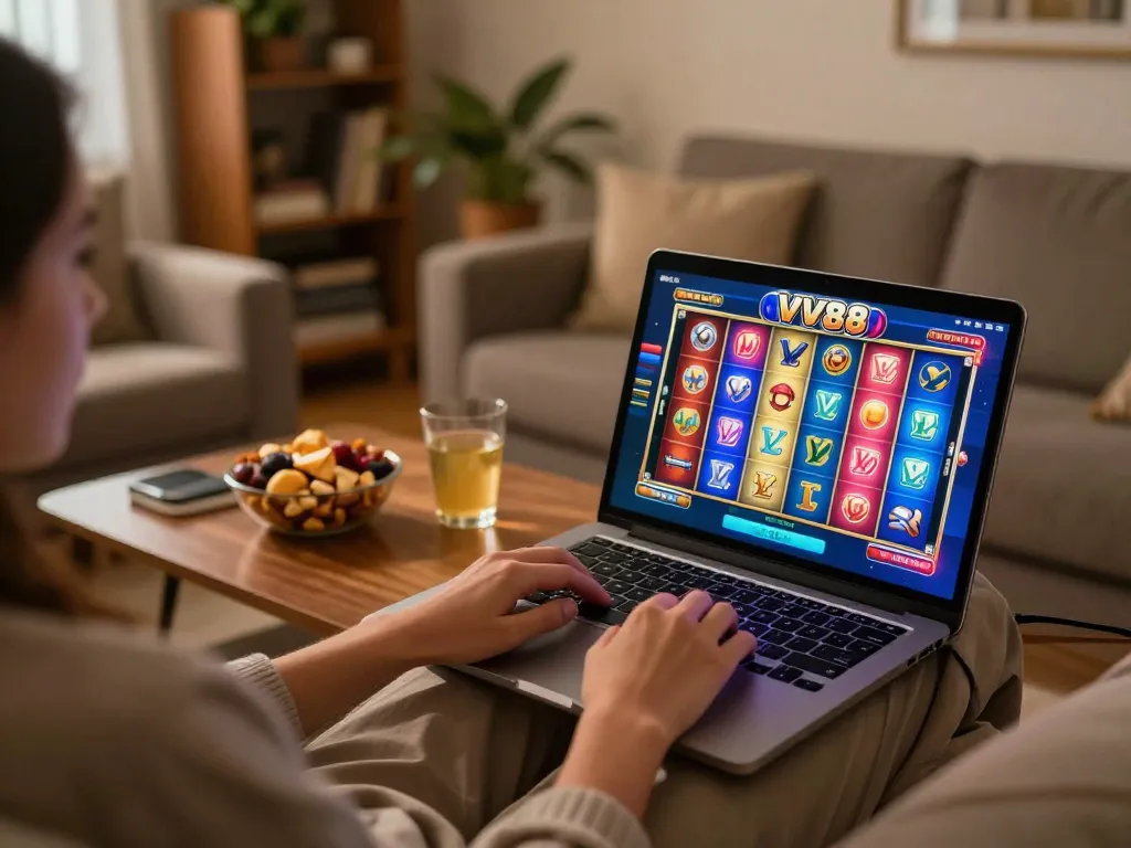 Player engaging with LV88 online slots, creating a cozy home gaming atmosphere.
