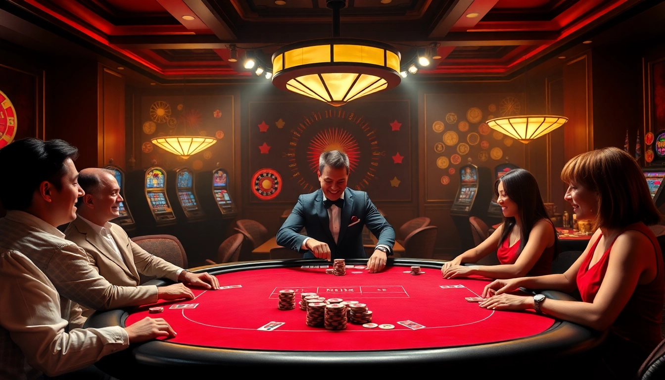 Engage in a live poker game at the luxurious ok365m online casino, featuring colorful chips and intense players.
