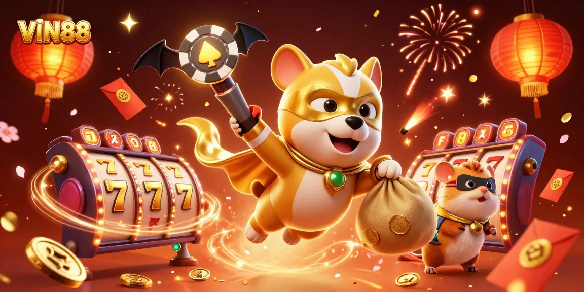 Experience thrilling gaming action with VIN88's vibrant 3D casino illustration featuring dynamic slot elements.