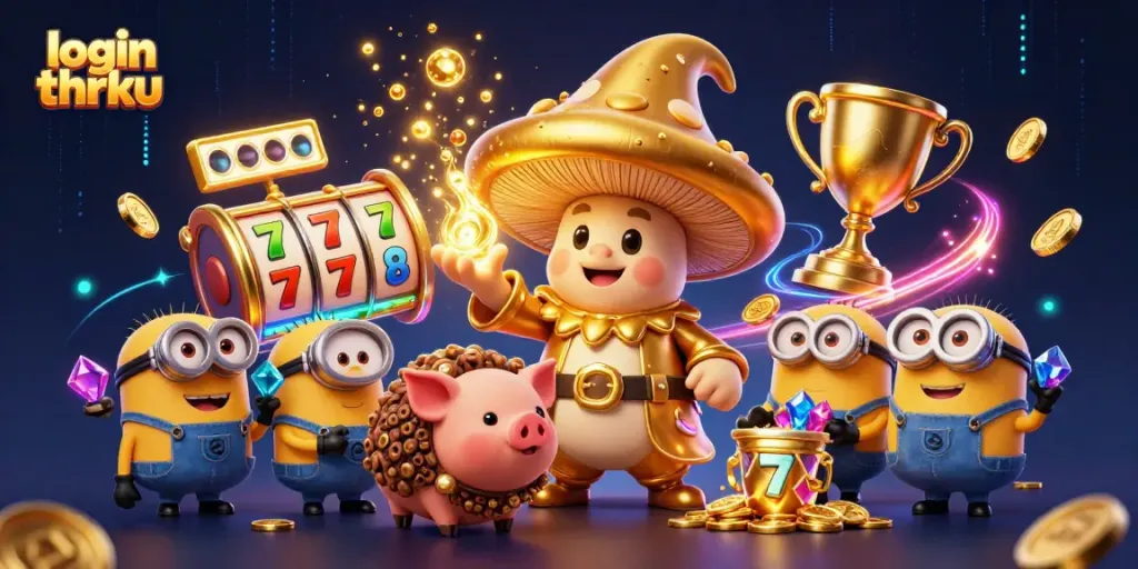 Spin to win with login thrku on a magical casino adventure featuring a golden mushroom wizard and treasure