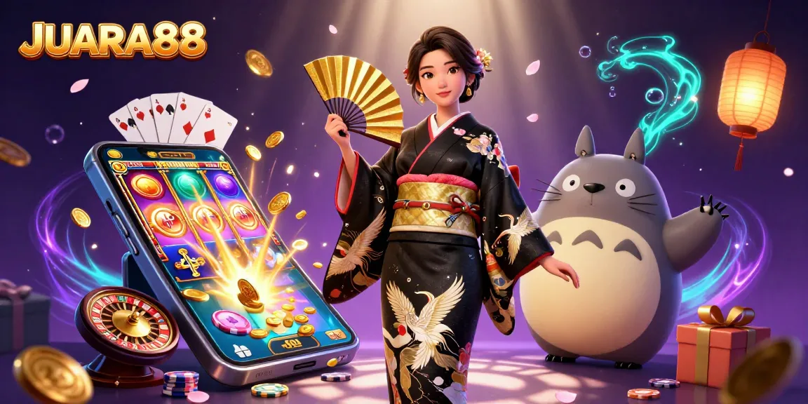 Engage with JUARA88's vibrant casino art featuring slot games, kimono-clad characters, and dynamic game elements.