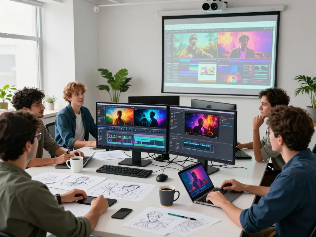 Team utilizing Seedance 2.0 software to create vibrant AI-generated videos in a collaborative studio environment.