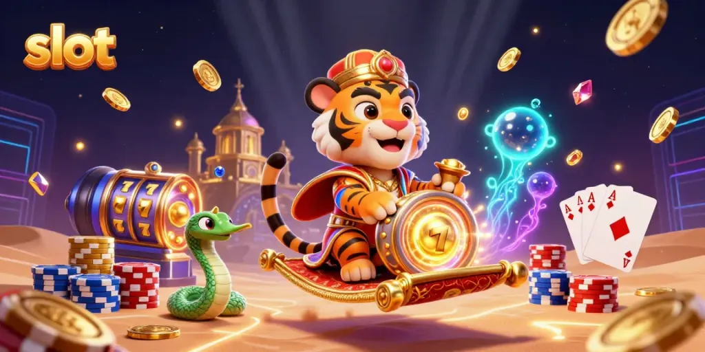 Engage with vibrant slot elements as the genie snake and tiger sultan soar in a colorful casino scene.