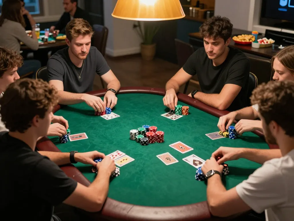 Exciting home poker night scene featuring players in action at cm88-bet, showcasing strategic gameplay and vibrant betting atmosphere.